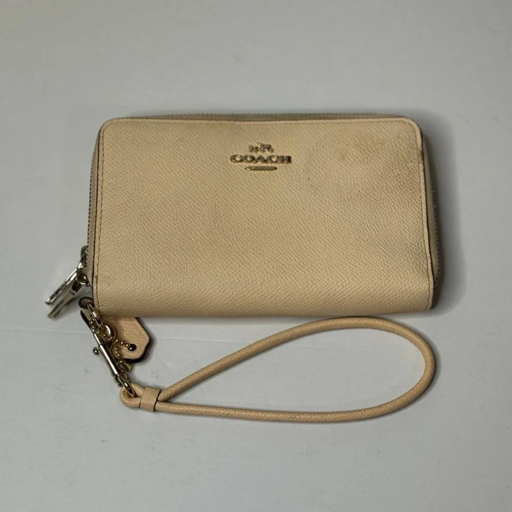 Coach Beige Leather Zip Around Wristlet Wallet